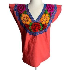 Vintage 70s Handmade Mexican Peasant Blouse S Pink Embroidered Floral Boho